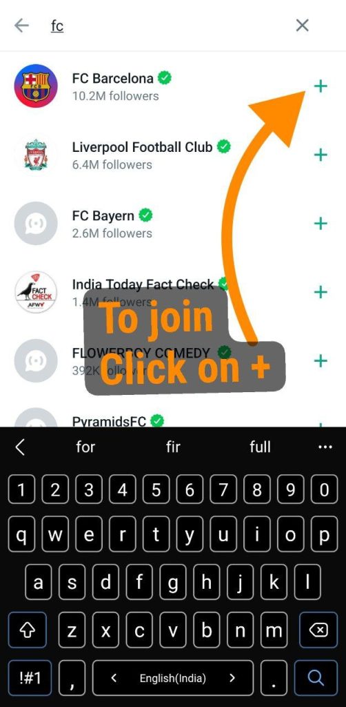click on the plus symbol to join a whatsapp channel